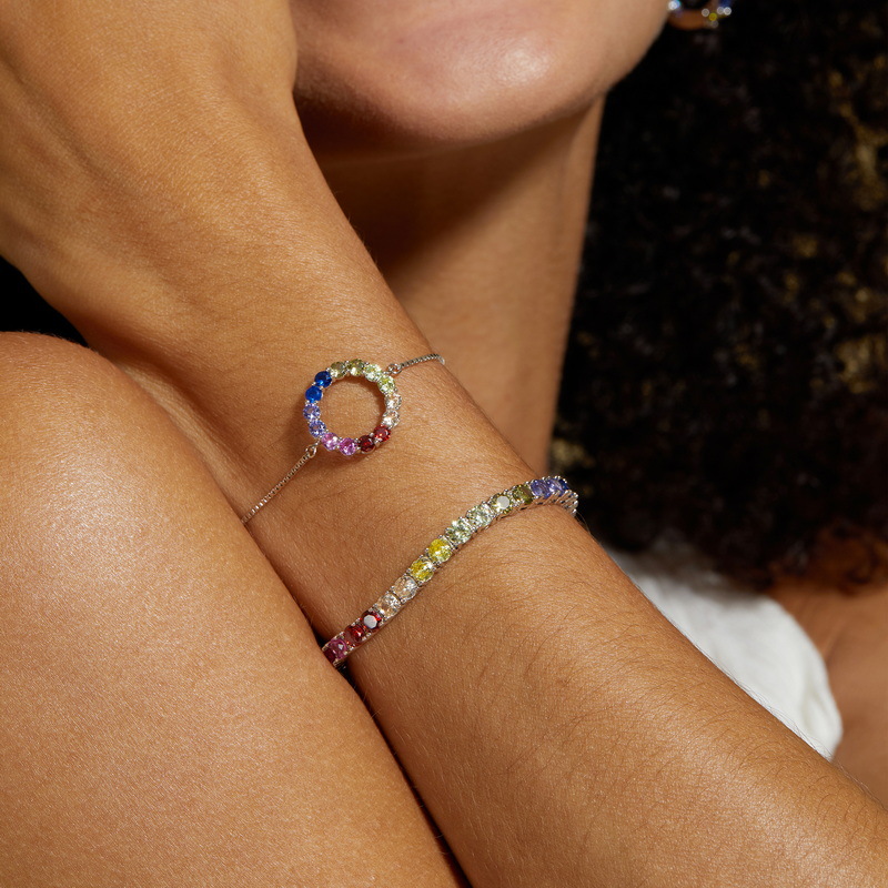 Silver Rainbow Circle Color Bao Bracelet Color Color Wirish Stone adjustable hand ornaments light luxury simplicity